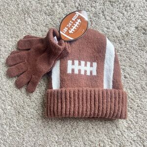 Kids Brown Football Knit Hat and Gloves Set